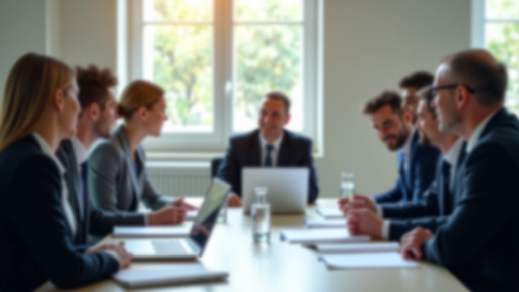 Professionisti in riunione internazionale, attorno a un tavolo con laptop e documenti, lighting naturale da finestra, focus netto