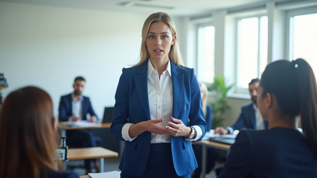 Insegnante di inglese spiega lezione in aula moderna con studenti concentrati