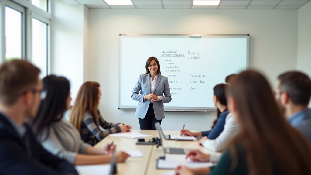 Aula moderna di insegnamento dell'inglese con studenti e istruittore
