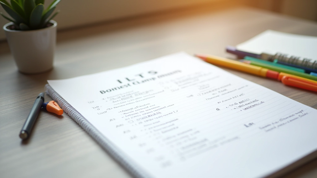 Tavolo da studio con schemi dei quattro componenti dell'esame IELTS