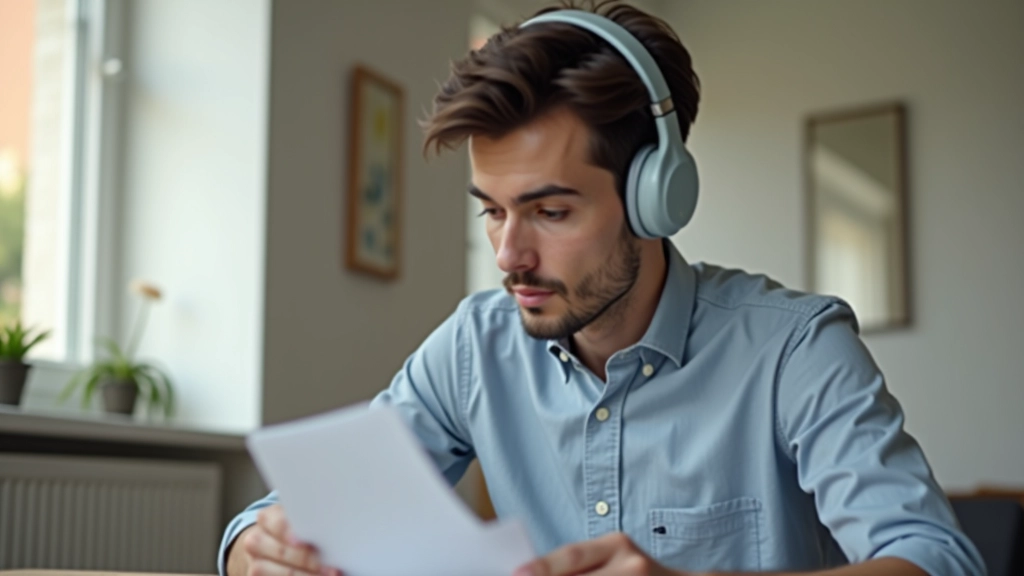 Persona ascolta musica con auricolari durante esercizio di listening IELTS