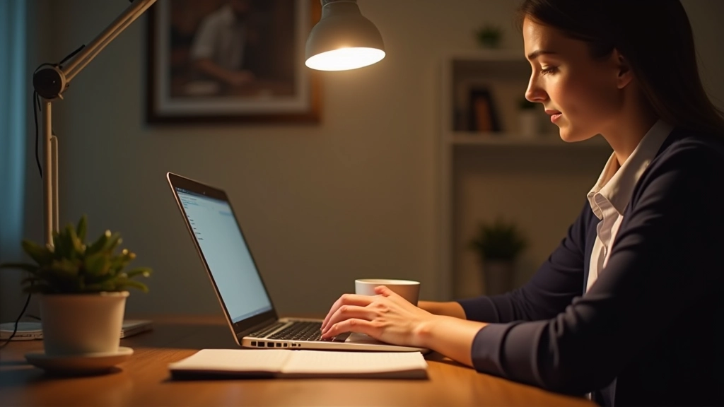 Persona lavora al computer in home office moderno, con caffè e taccuino sul desk, luce calda da lampada, focus netto