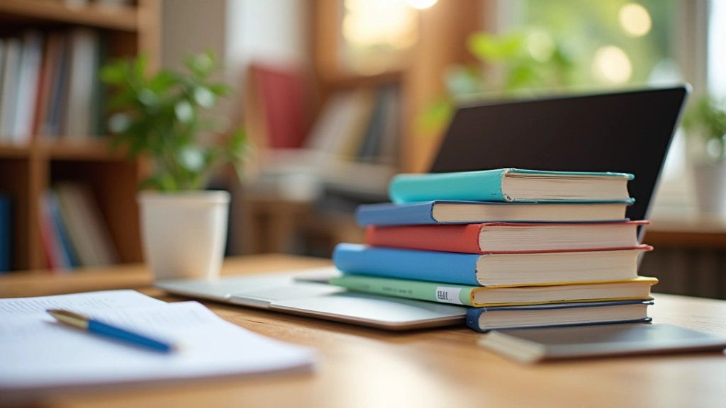 Libri di preparazione IELTS e laptop su scrivania con note di studio