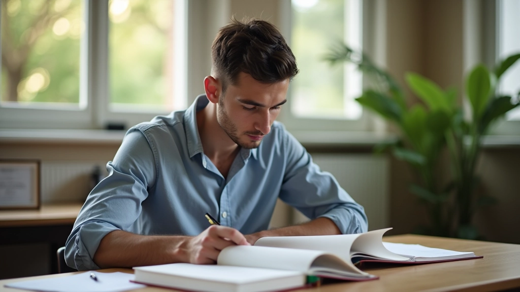 Persona studia con libri e quaderno su scrivania luminosa