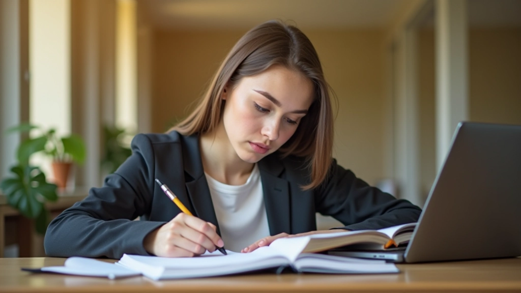 Persona studia con libri e notebook su scrivania luminosa