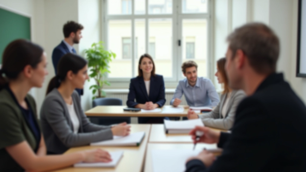 Aula moderna con studenti che praticano conversazione in piccoli gruppi, insegnante osserva, lighting naturale, focus su interazione