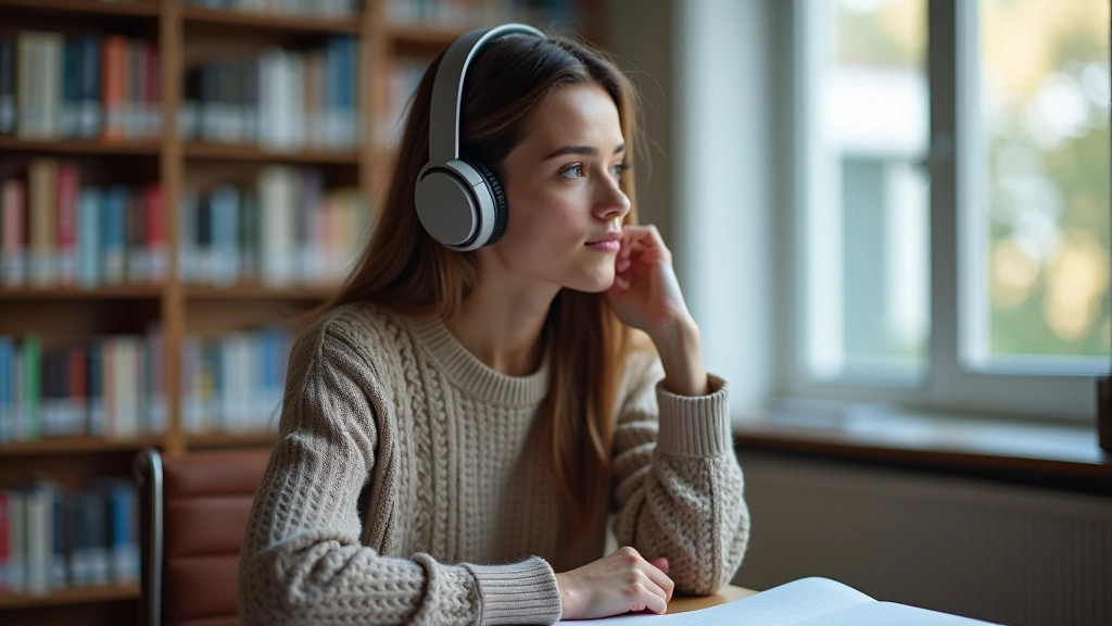 Ragazza ascolta attentamente lezione audio con cuffie in biblioteca luminosa